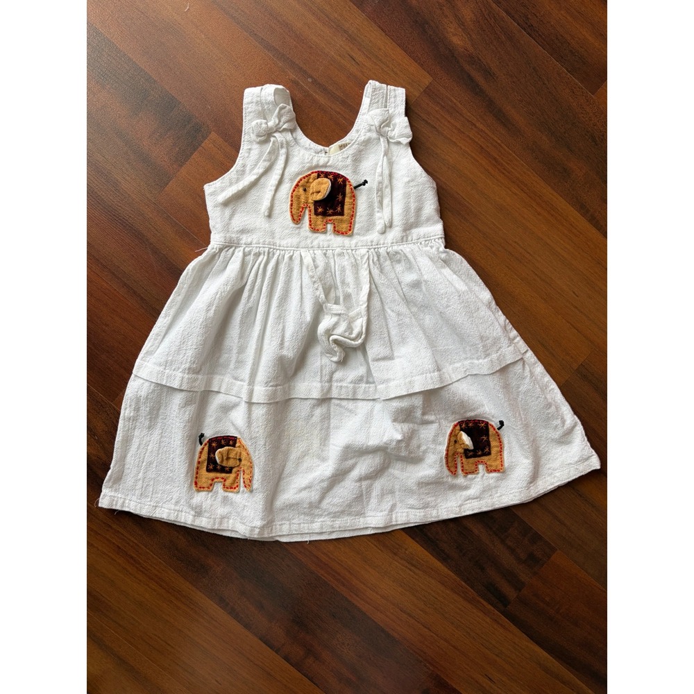 Walk Walk Girls White Cotton Tiered Elephant Applique Tie Shoulder Dress Size‎ 3